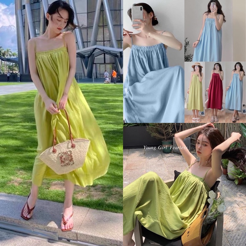 [Ảnh thật/Video] Váy hai dây đũi lụa nhún ngực dáng babydoll nhiều màu phong cách ulzzang