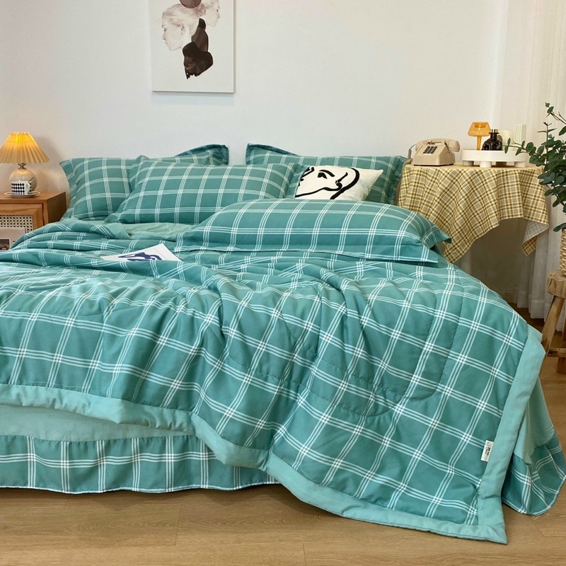 Bộ chăn ga gối đũi Hàn Quốc, sét 4 món chăn Trần hè ga gối đũi kẻ xanh cao cấp
