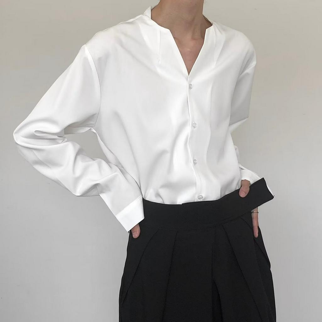 Áo sơ mi nam dài tay cổ bẻ dáng rộng Đơn giản hợp thời trang áo sơ mi nam nữ dài tay unisex basic màu trắng và đen sơ mi lụa