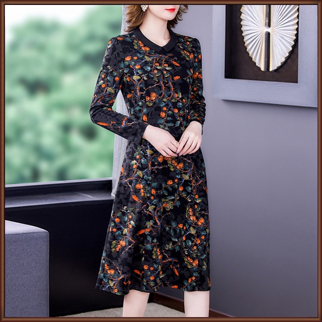 Đầm Chữ A Tay Dài Cổ Chữ V Họa Tiết Hoa Phong Cách Dân Tộc Cổ Điển Dành Cho Nữ