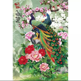 Tranh dán tường kim sa Đôi Công Và Hoa Mẫu Đơn chữ Phúc 60 x 100 cm