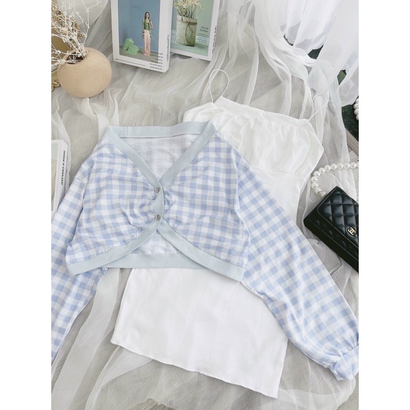 SET ĐẦM 2 DÂY TRẮNG + ÁO KHOÁC CÁNH DƠI CARO XANH