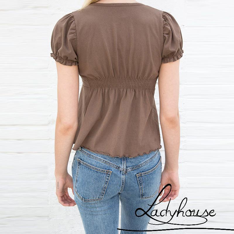 LD-Women´s Tops, V Neck Short Sleeve Fungus Trim Solid Color Loose Casual Pullover T-Shirt Summer