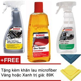 Combo SONAX Nước rửa xe + Chai vệ sinh nội thất + chai vệ sinh động cơ TẶNG khăn lau xe chuyên dụng