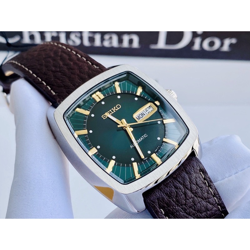 ĐỒNG HỒ NAM CHÍNH HÃNG SEIKO SNKP27 Automatic Recraft Green Dial Mặt Vuông Brown Leather For Men