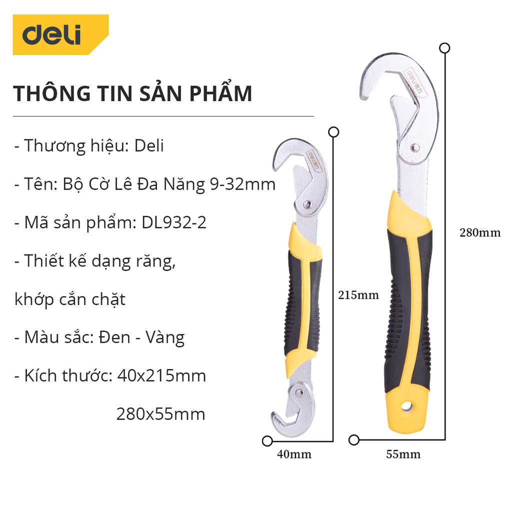 [Bộ 2 Chiếc] Cờ Lê Đa Năng Deli Chính Hãng Đường Kính 9-32mm - Thiết Kế Dạng Răng - Dùng Được Nhiều Mục Đích - DL932-2