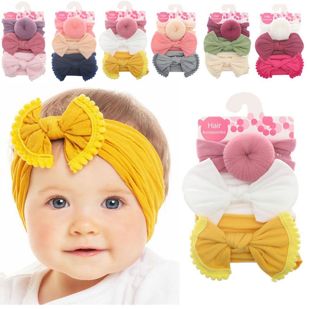 Set 3 Băng Đô Thắt Nơ Công Chúa Bằng Nylon Mềm Co Giãn Màu Trơn Cho Bé Gái Sơ Sinh