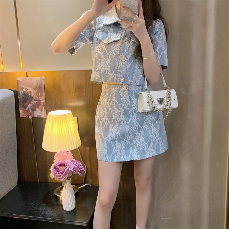 Set Áo Sơ Mi Ngắn Tay + Chân Váy Jeans Chữ A Thời Trang Cho Nữ