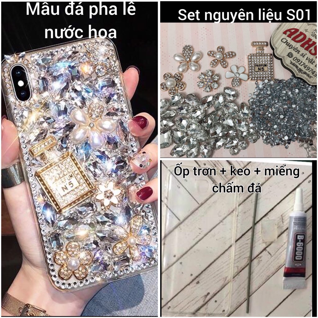 Gói Vật Liệu Tự Trang Trí Ốp Điện Thoại Mẫu Đá Pha Lê Chai Nước Hoa S01