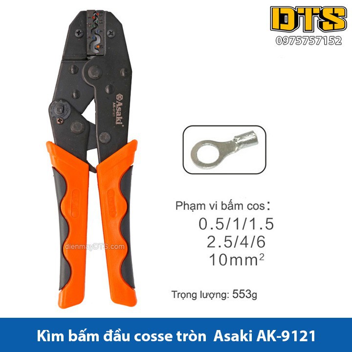 Kìm bấm cos tròn Asaki AK-9121 0.5 ~ 10mm2 - Kềm bấm cốt tròn (Kìm bấm đầu cote Asaki) giocongcu