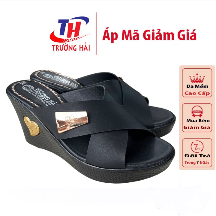 Dép nữ đế xuồng 8cm da mềm màu đen Trường Hải thời trang cao cấp DX155