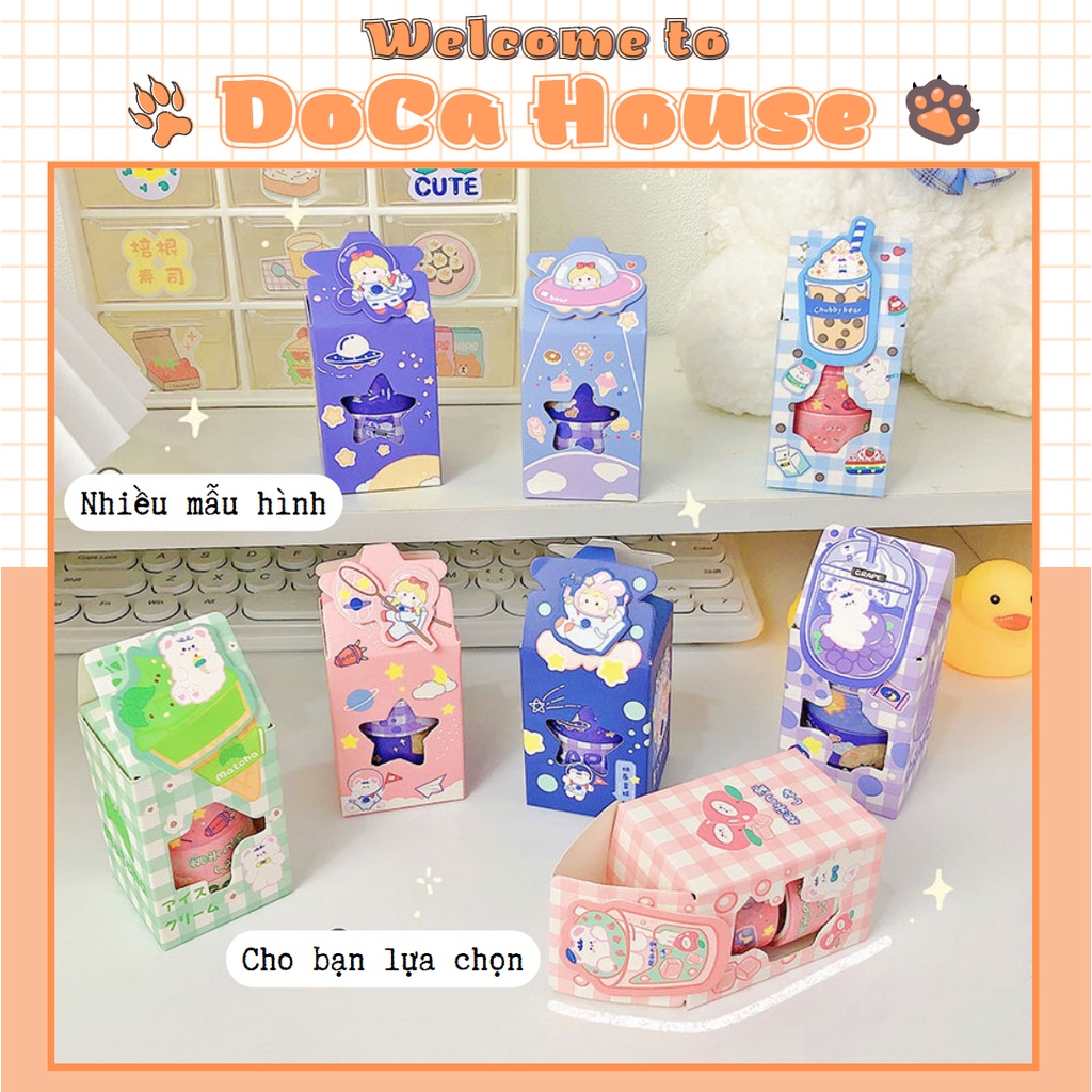 Hộp 4 cuộn washi tape DOCA, băng dính giấy, băng keo dán trang trí sổ tay nhiều chủ đề đáng yêu