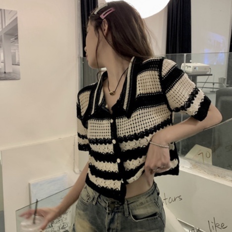 ihkke Áo Cardigan Dệt Kim Tay Ngắn Cổ POLO Họa Tiết Kẻ Sọc Thời Trang Mùa Hè Hàng Mới Dành Cho Bạn Nữ