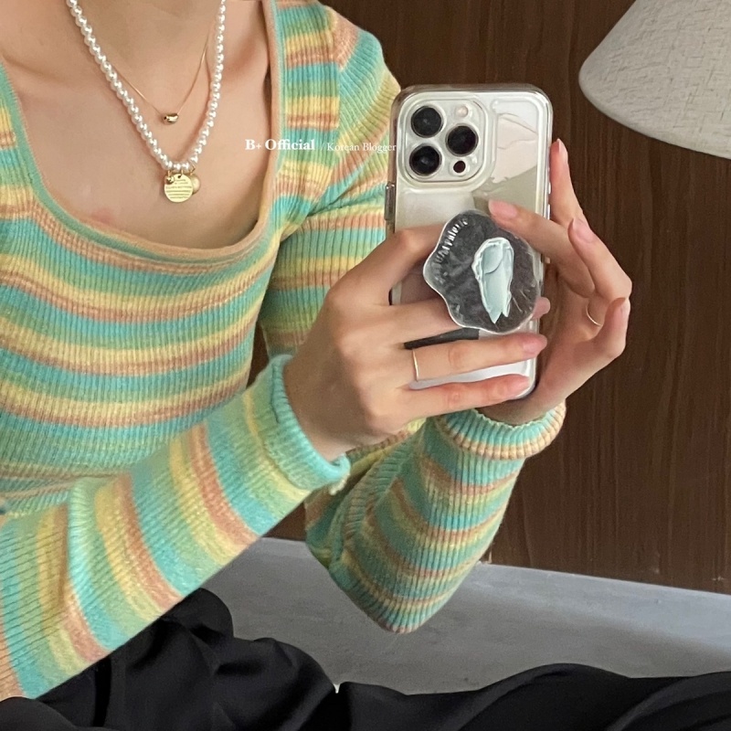 【ZHELIHANGFEI】Áo Sweater Tay Dài Cổ Vuông Dáng Ôm Kẻ Sọc Cầu Vồng Xinh Xắn Thời Trang