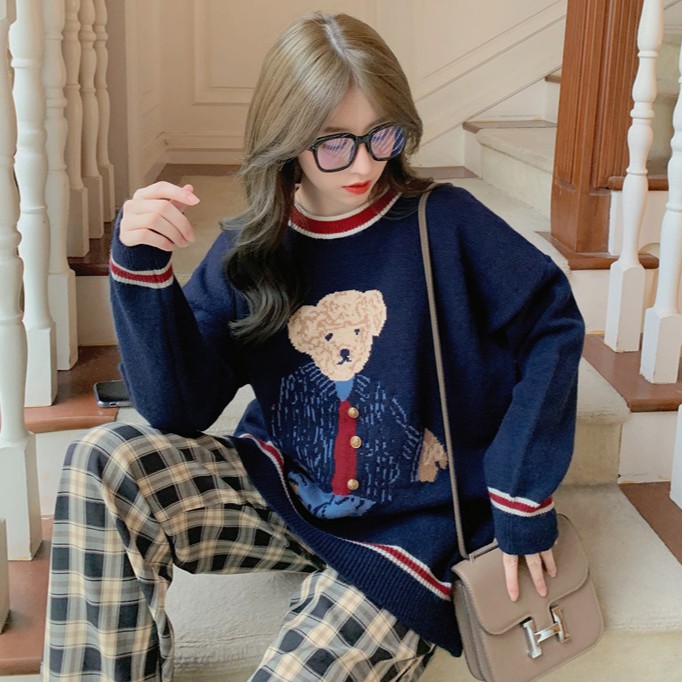 Áo sweater cổ tròn tay dài in hình hoạt hình xinh xắn dễ phối đồ phong cách Hàn Quốc cho nữ