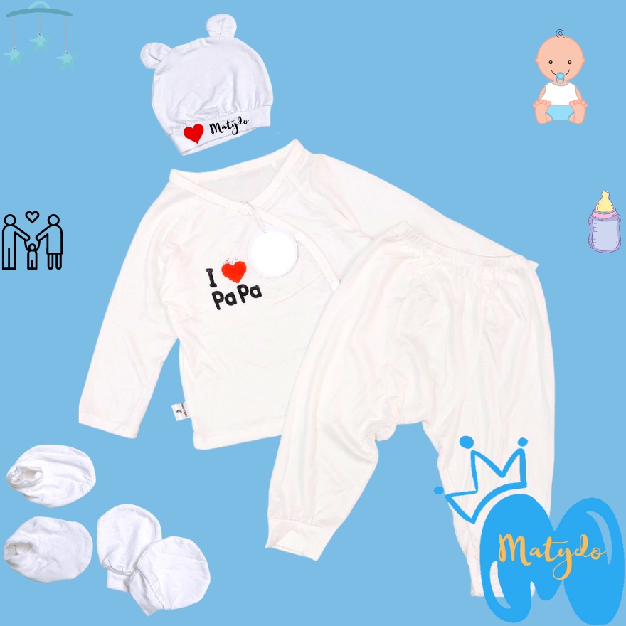 Quần áo sơ sinh set gồm mũ, bao tay, bao chân bé trai bé gái mùa hè đông giá rẻ cho bé MATYDO trắng SS711