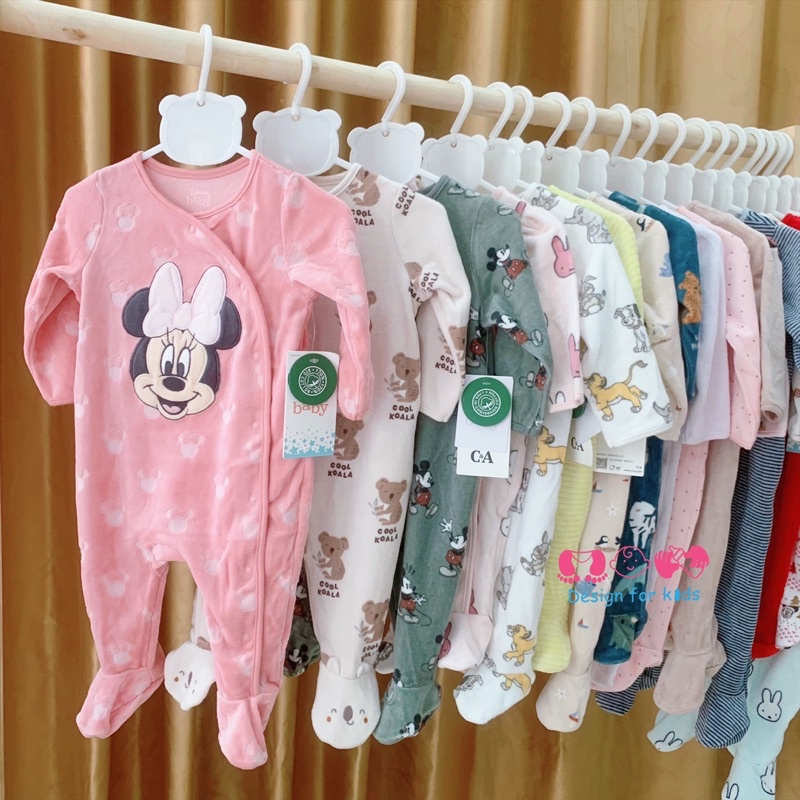 (Link 2) (Chọn mẫu) Sleepsuit bộ body dài tay nỉ nhung, nỉ băng lông hàng xuất dư Dis.ney CA cho bé trai và bé gái