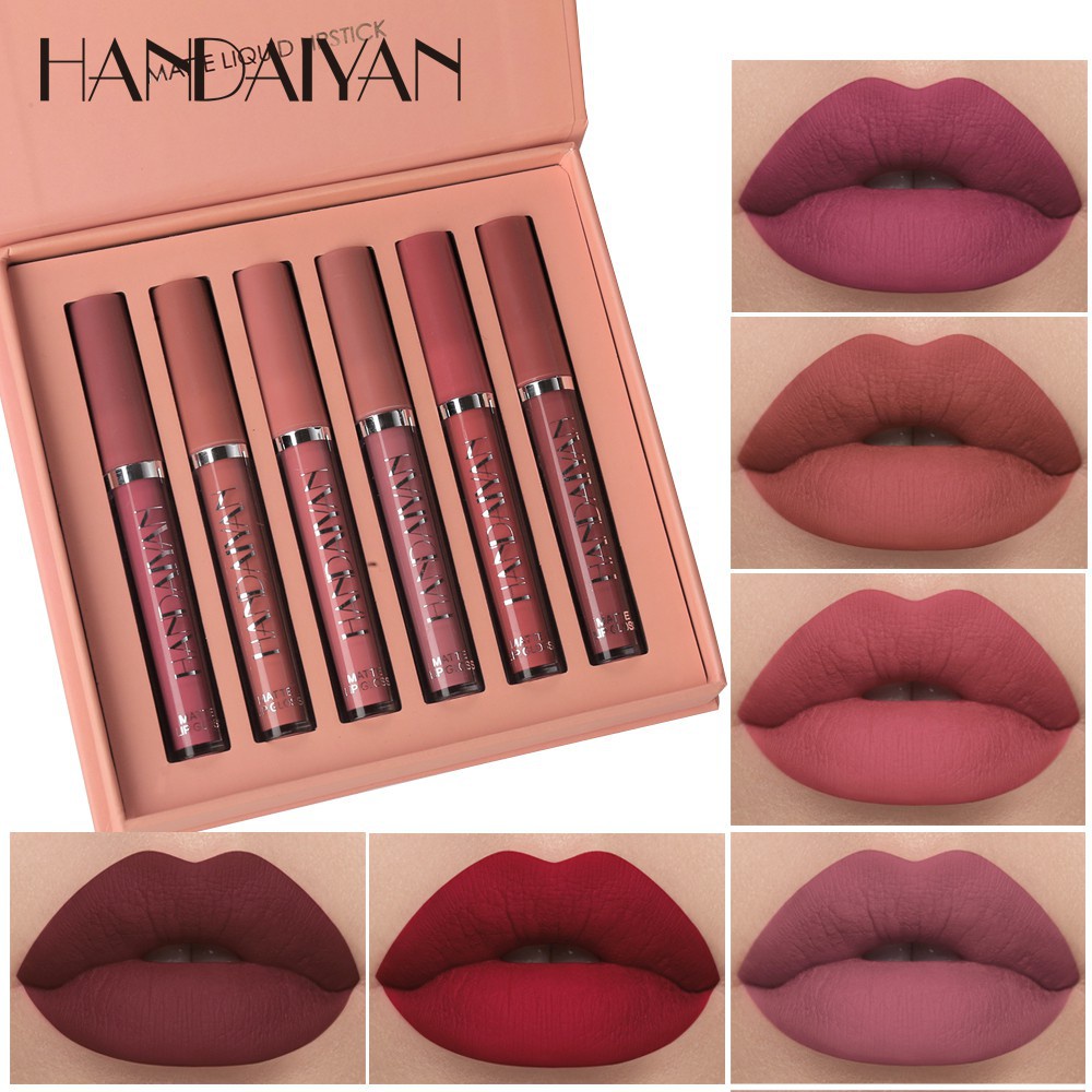 6 miếng/bộ Son bóng &amp; Son bóng Lâu dài Velvet Sexy Lipstick Handaiyan Lipstik Matte Lipstick Makeup Cover Không phai Không dính Cup Son bóng Mud