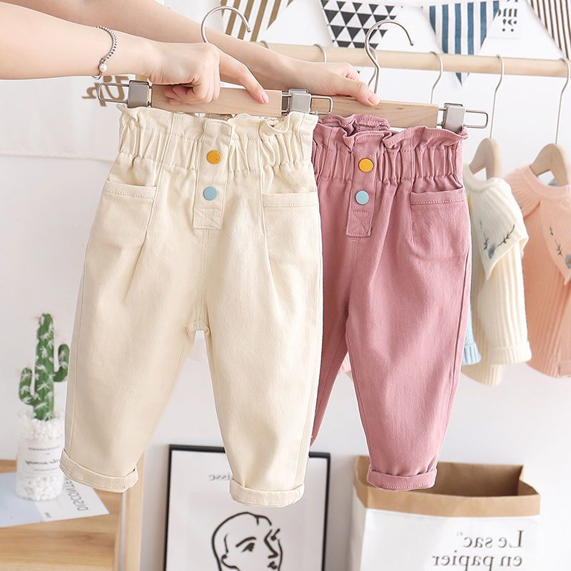 Quần baggy cạp cao bèo nhún cho bé gái hai màu trắng hồng xinh xắn