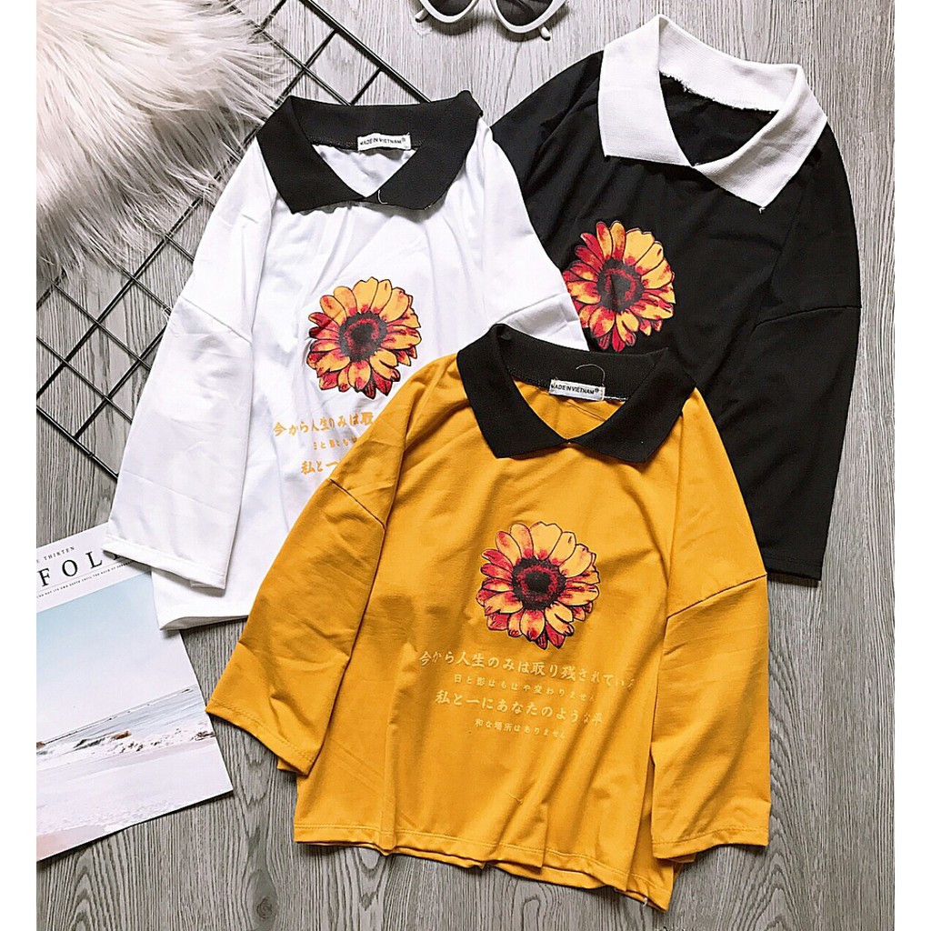 🌻Áo croptop nữ, cổ bẻ , tay lửng, form rộng dài, mặc đi chơi, thời trang, in hoa hướng dương cực xinh🌻(kèm ảnh thật)