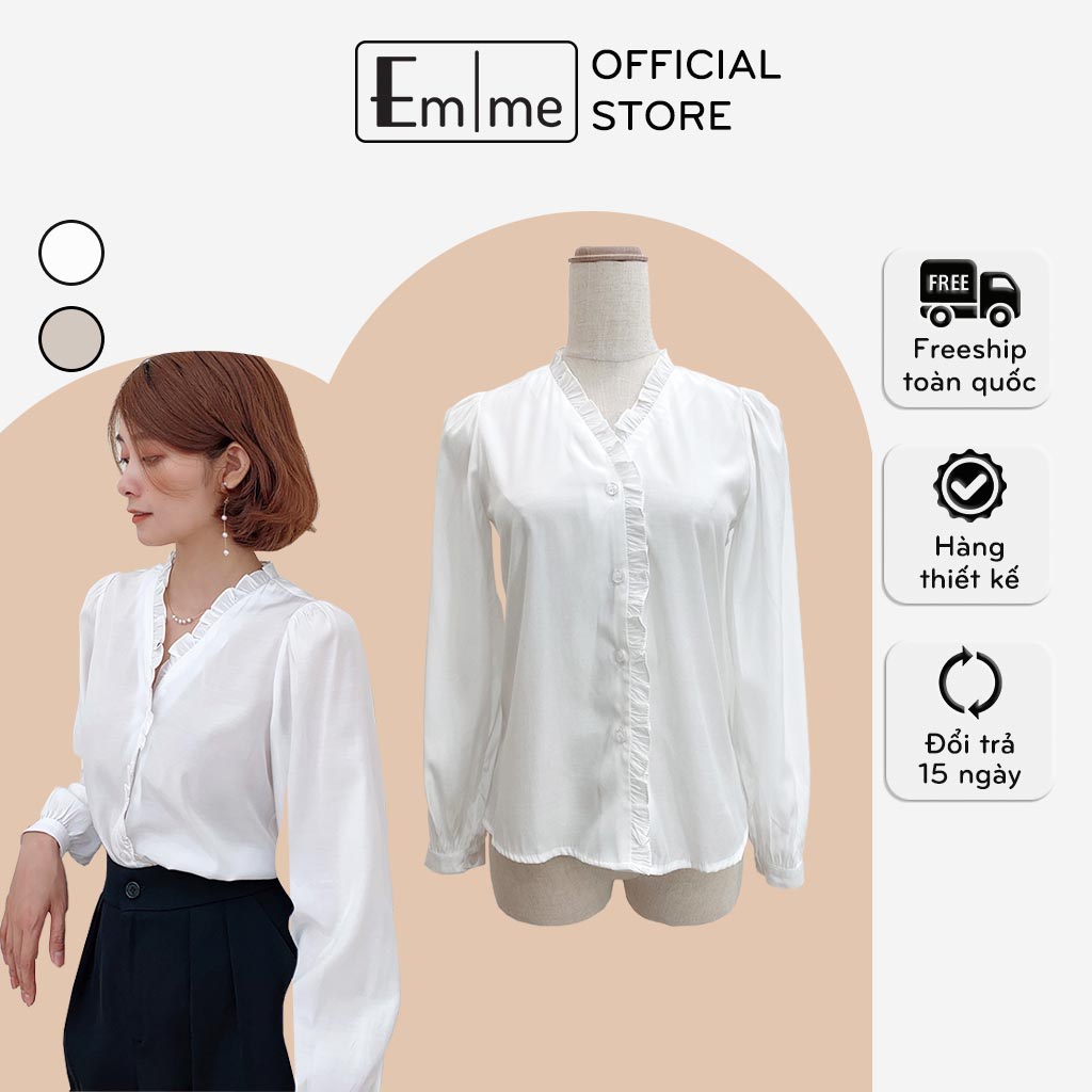 Áo sơ mi nữ dài tay công sở cổ bèo chất lụa màu trắng, kem, hồng Emme - EMS03