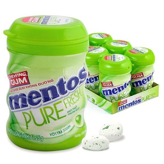 Sing gum không đường Mentos Pure Fresh hương chanh bạc hà hộp 6 hũ