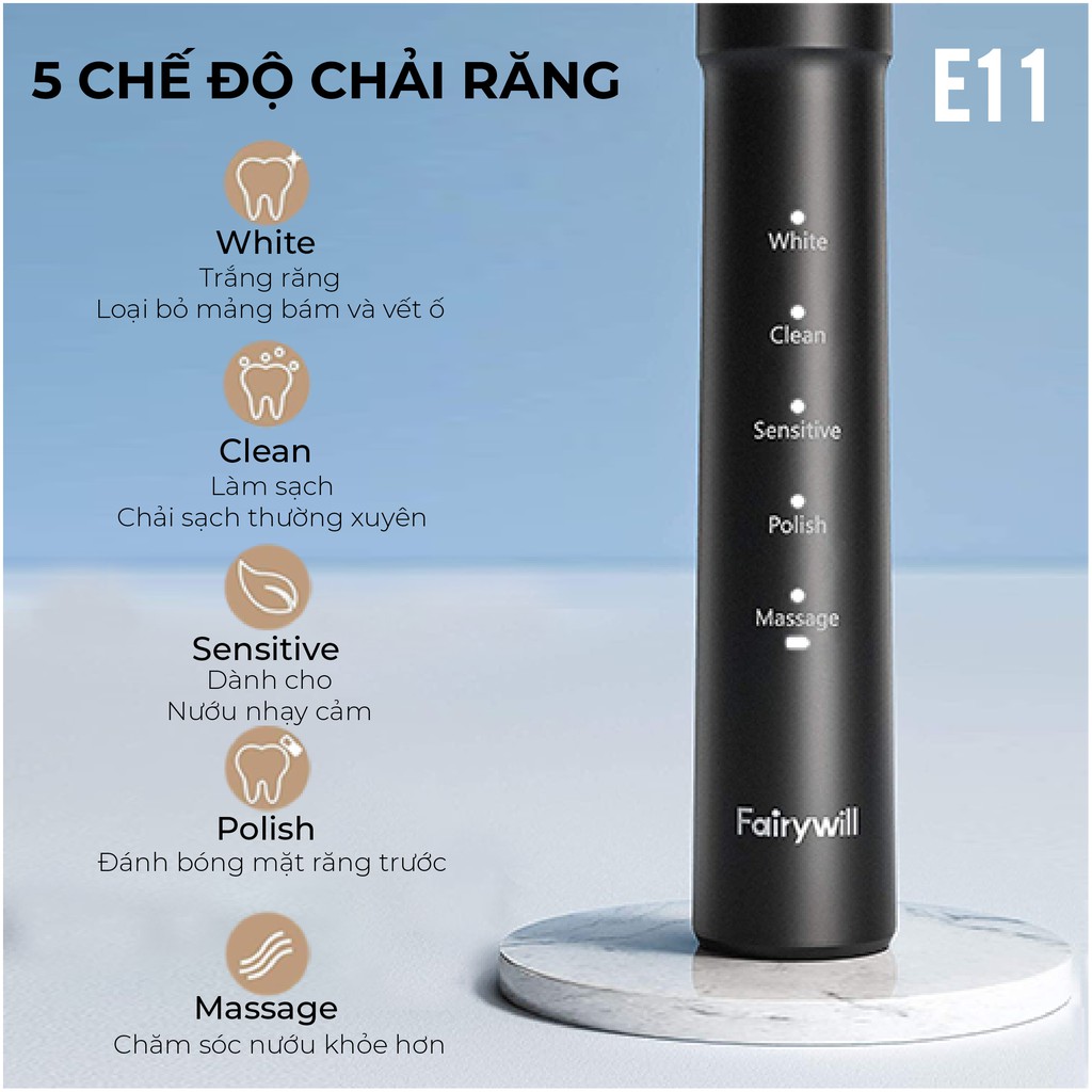 Bàn chải đánh răng điện Fairywill E11- tặng kèm 8 đầu bàn chải