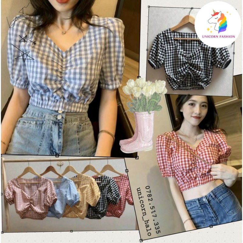 Áo Croptop Caro Cổ Tim Nhún Ngực Tay Phồng Bo Eo Nữ Màu Xanh/Đen/Vàng/Hồng Đỏ DRACR09 Mys Unicorn Fashion