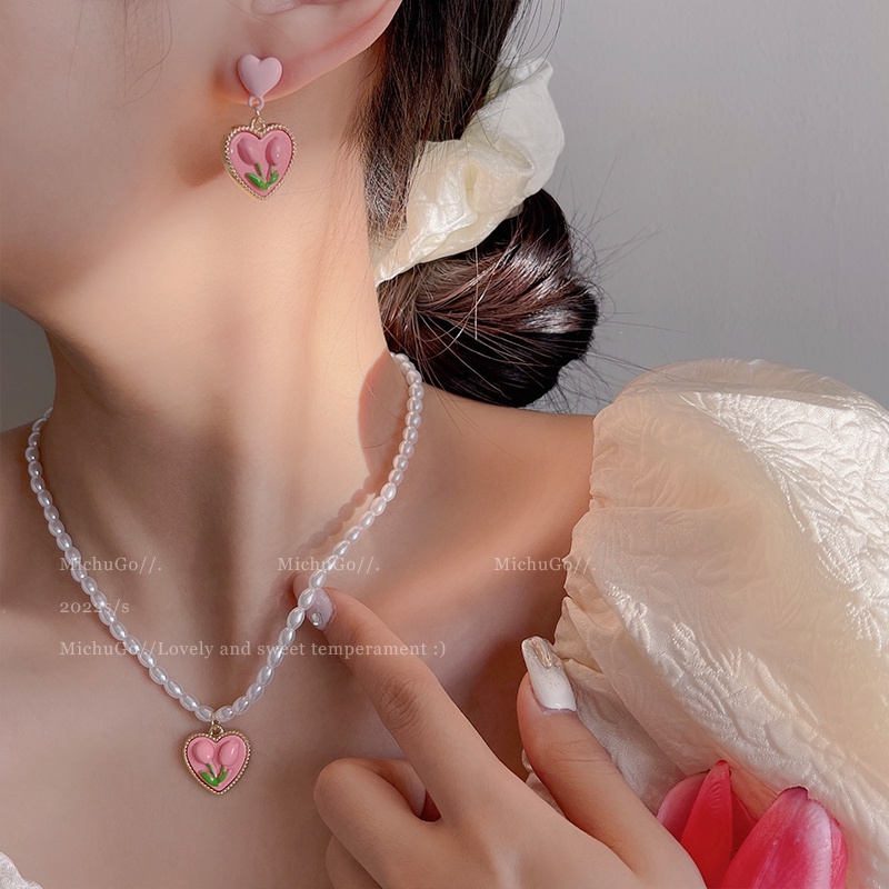 Vòng cổ/ Đôi bông tai 17KM mạ vàng hình hoa tulip đính ngọc trai giả xinh xắn