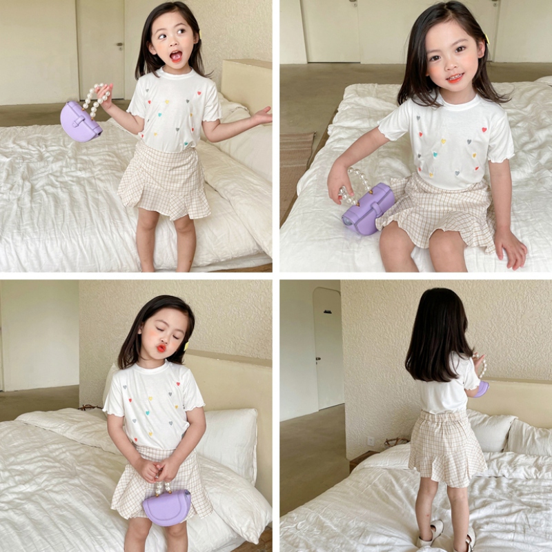 Set Áo Thun Ngắn Tay + Chân Váy Đuôi Cá Sọc Caro Cho Bé Gái