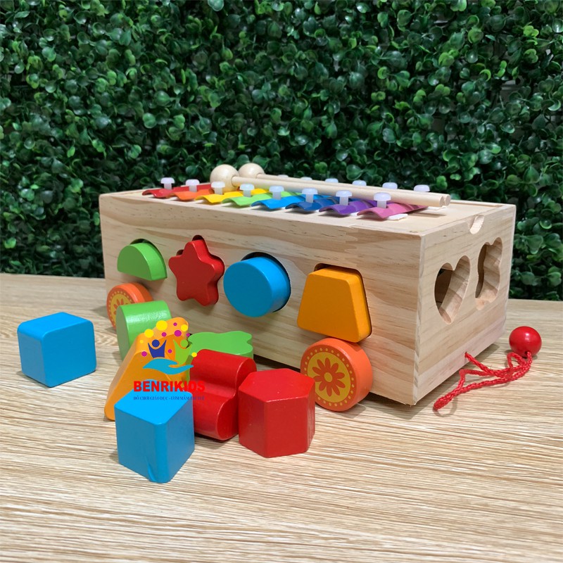 Đồ Chơi Gỗ Xe Kéo Thả Hình Khối Kết Hợp Đàn Xylophone Cho Bé