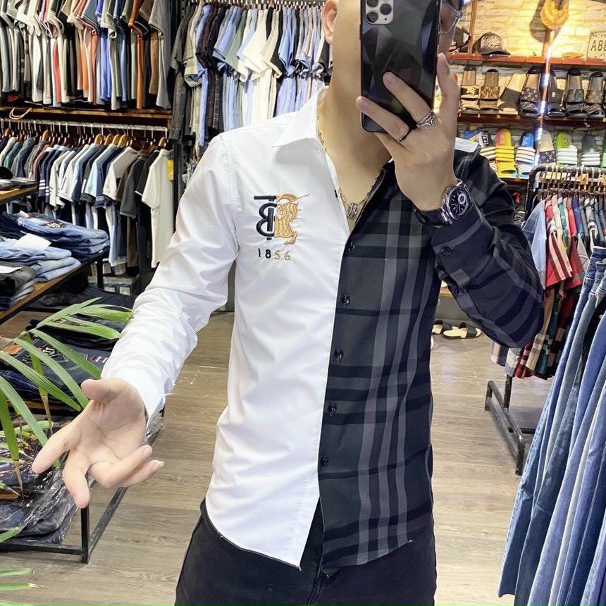 Áo sơ mi nam dài tay thêu logo BB mix caro vải kate lụa mềm mịn mặc mát, không nhăn