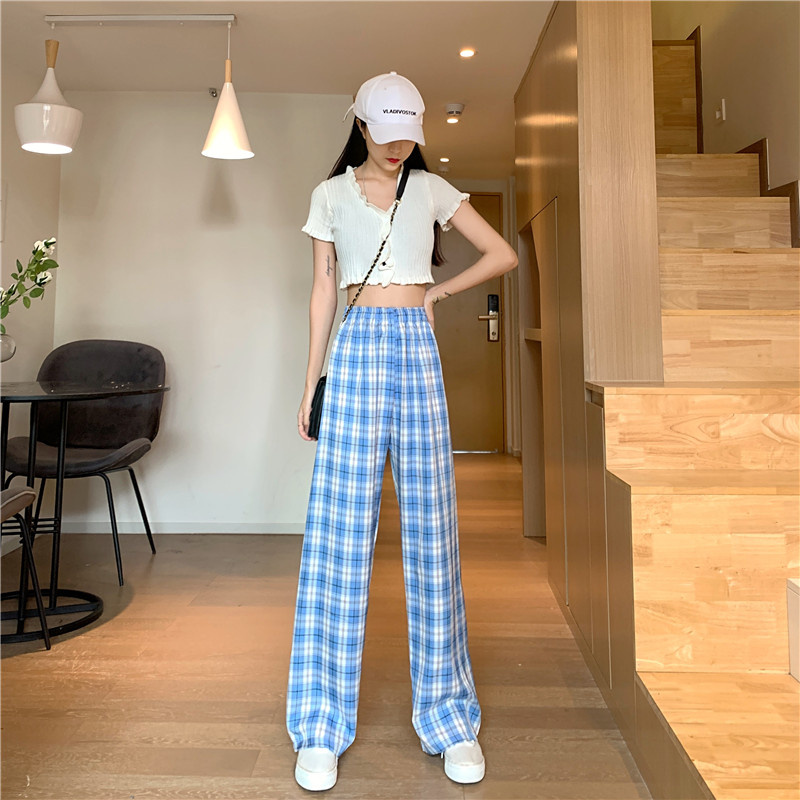 Korean Style Women Casual High Waist Loose Slim All-match Plaid Long Wide Leg Straight Pants Palazo