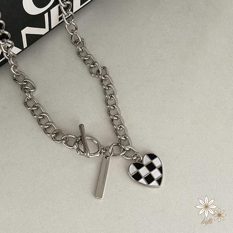 Vòng cổ mặt hình hình trái tim họa tiết caro phong cách Hàn Quốc thời trang cho cặp đôi