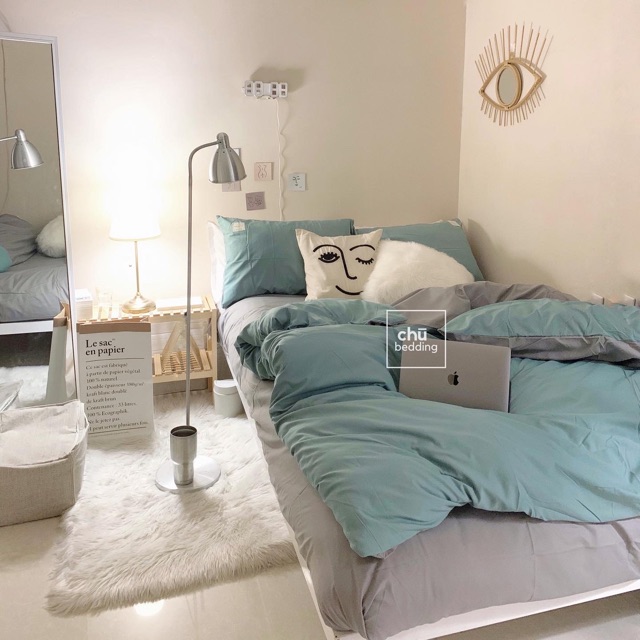 Bộ chăn ga gối cotton đũi: mix ghi xanh mint | BigBuy360 - bigbuy360.vn