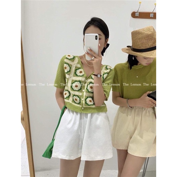 [Ảnh thật/Videp]Áo len pha tay hoa thêu Sunday  mã hai màu hồng xanh Áo mongtogi hàng Quảng Châu