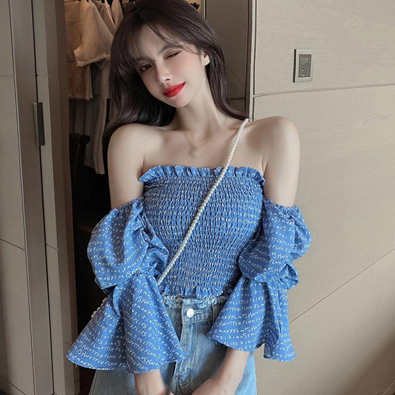 Áo kiểu tay loe in họa tiết chữ phong cách Hàn Quốc thời trang cho nữ