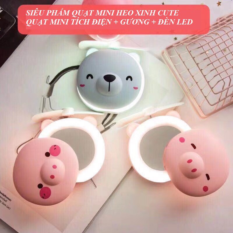 Quạt Mini Cầm Tay Pin Sạc có Đèn livestream hình heo cute có gương