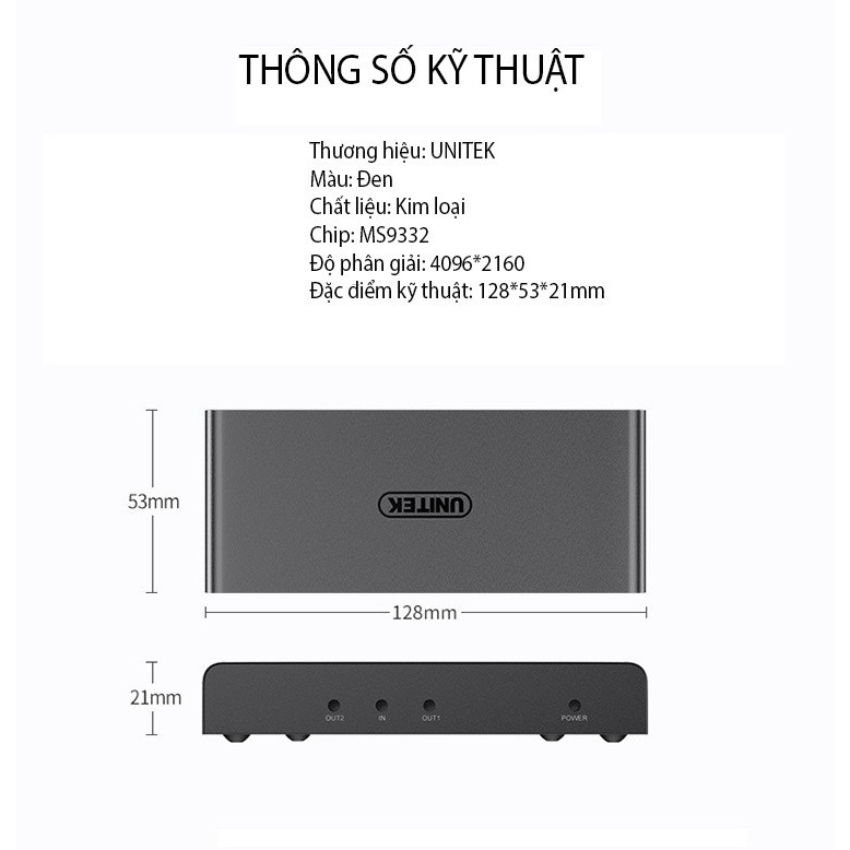 [HÀNG CHÍNH HÃNG] BỘ CHIA HDMI 1 RA 2 CỔNG UNITEK V130A HỖ TRỢ 4K CAO CẤP