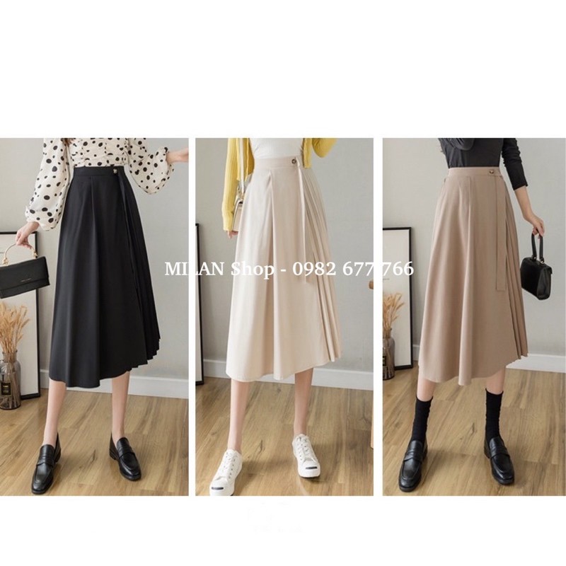 Chân váy dài qua gối phối dập ly midi thời trang mới