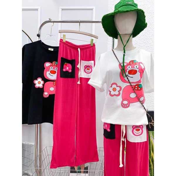 Set áo cotton gấu quần thêu gấu túi xinh xắn hình thật