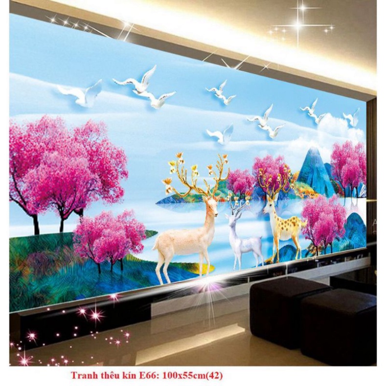 Tranh thêu kín chữ thập Phong Cảnh Hươu Nai Tài Lộc E66