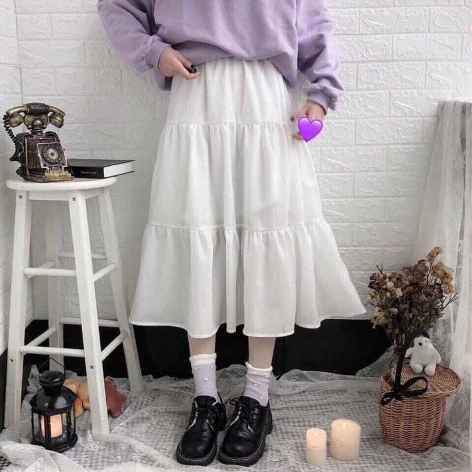 Chân váy dài qua gối Vintage nữ thiết kế dài 3 tầng chất liệu voan - chân váy  cạp chun màu Đen Trắng basic