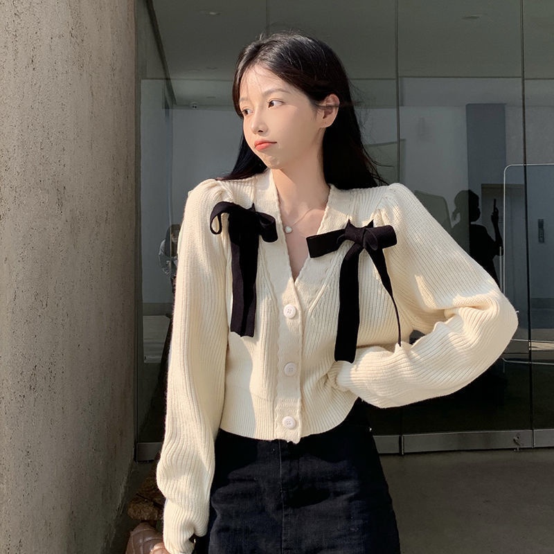 Áo Khoác Cardigan Dệt Kim Tay Dài Cổ Chữ V Đính Nơ Phong Cách Pháp Hàng Mới Dành Cho Bạn Nữ 2 Hàng Nút