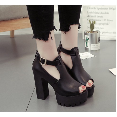 Giày cao gót hở mũi gót vuông 12cm HI205 boots đen