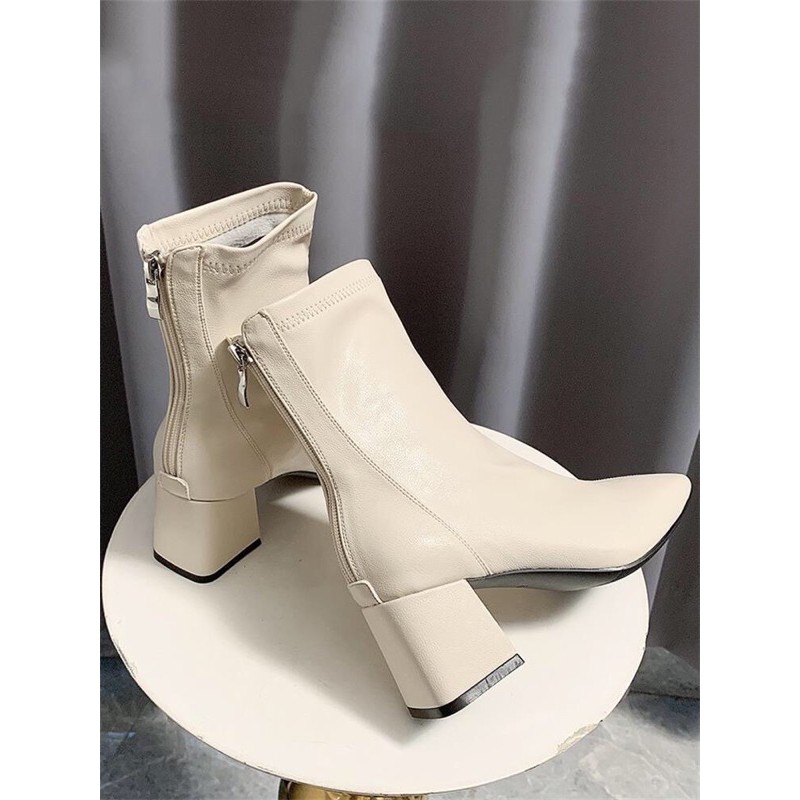 Boot da nữ cổ thấp mũi vuông kéo khoá sau/ boot da mềm Quảng Châu cao 5 phân [Ảnh thật5-9] | BigBuy360 - bigbuy360.vn