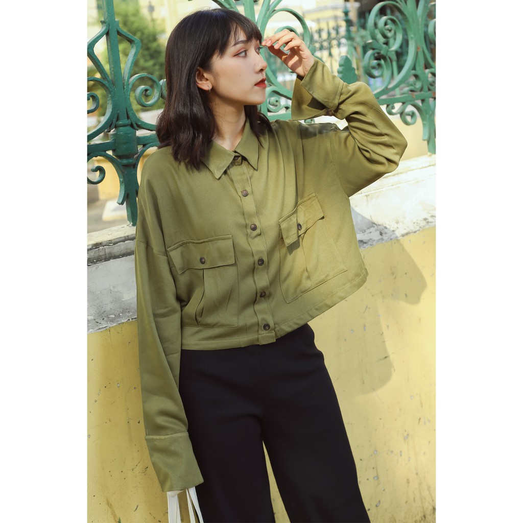 Áo sơ mi dài tay túi đắp thời trang GAGO boxy two pocket oversize shirt màu xanh rêu GA3249