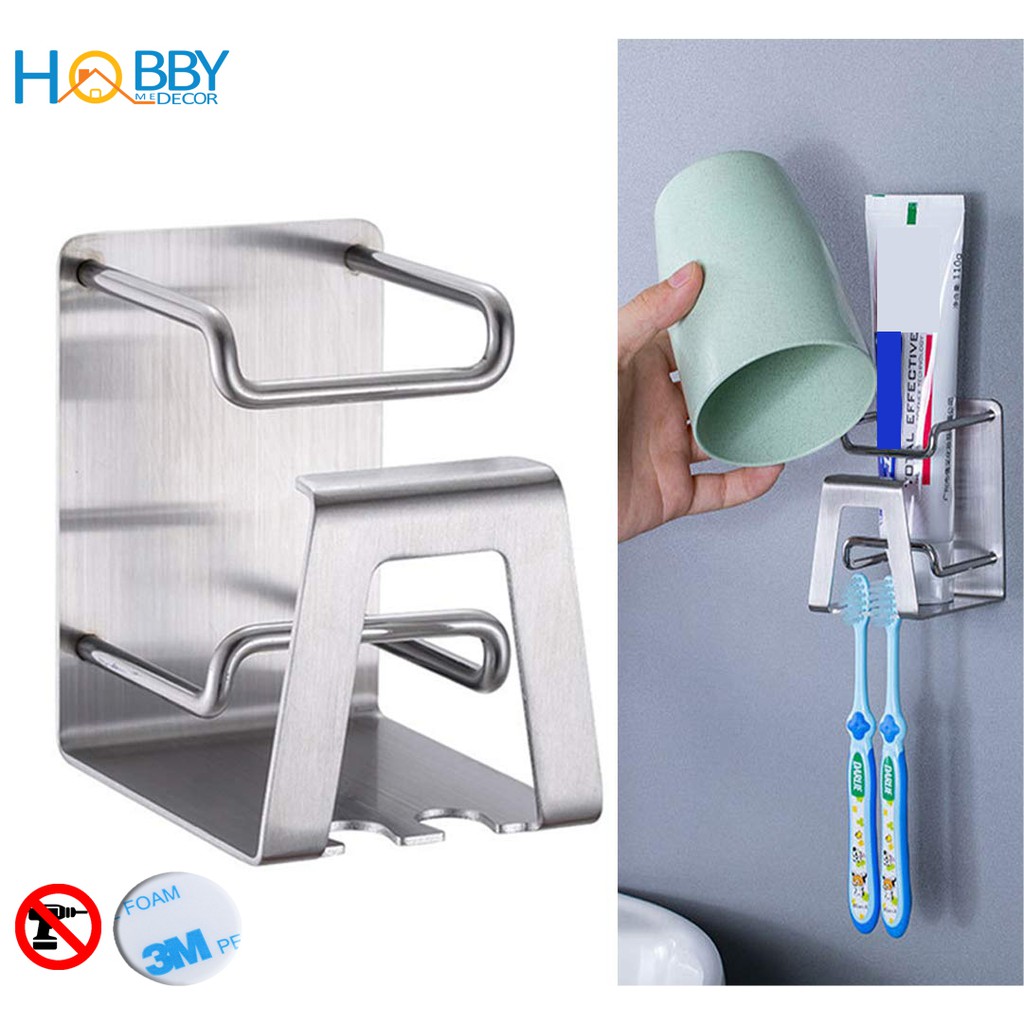 Kệ Inox đựng bàn chải, kem đánh răng, treo ly kèm keo dán 3M siêu dính - HOBBY KBC31