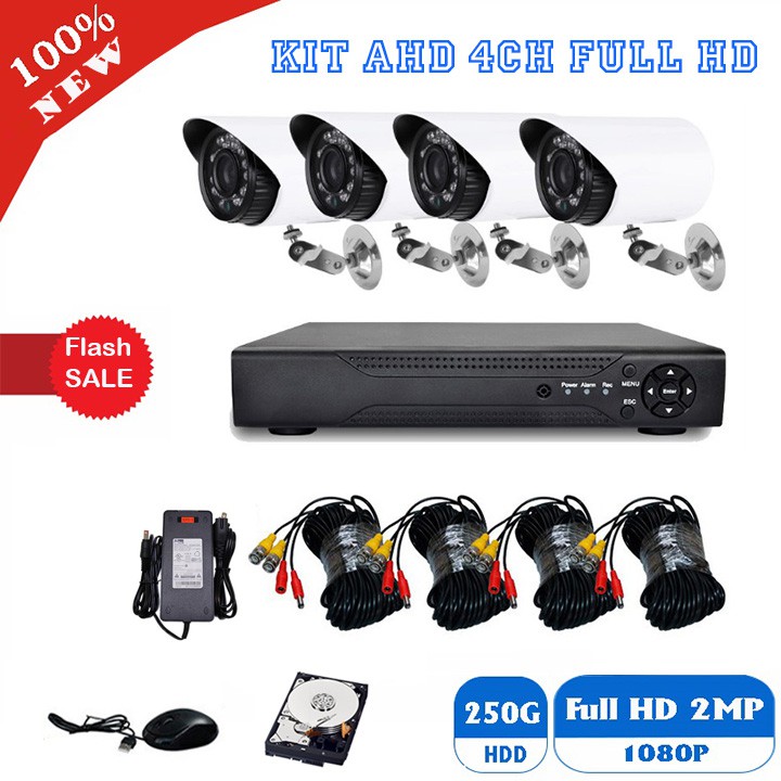 Bộ Camera giám sát KIT AHD Full HD 1080P - Trọn bộ 4 mắt 1080P + Đầu ghi + HDD250G