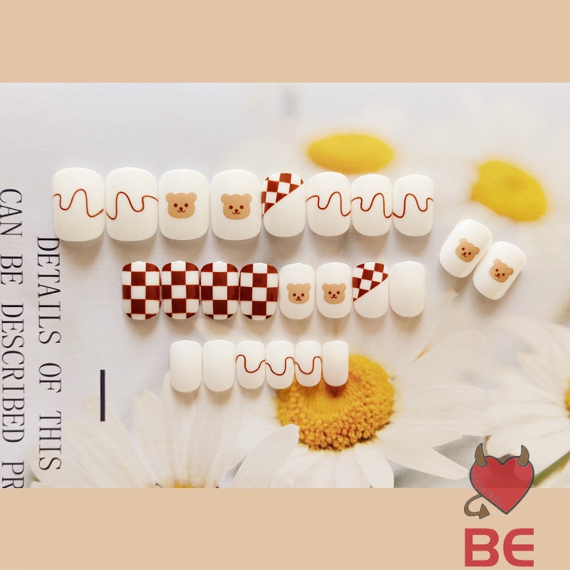 YADORNOS Set 24 móng tay giả hình gấu caro đáng yêu thời trang cho nữ
